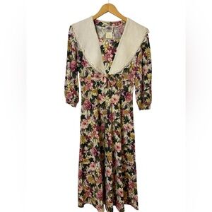 Vintage 80’s Lanz Originals Multi Floral Peter Pan Collar Maxi Dress Size 10 EUC